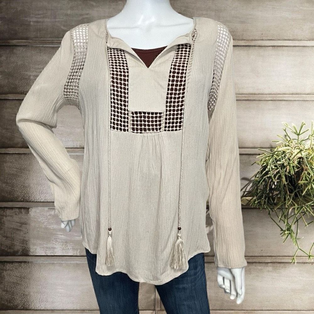 BOHO Embroidered Peasant Top Taupe Beige Tan Crepe Joseph A. Sz S - Picture 2 of 9